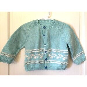 Hand Made Aqua Blue White Toddler Cardigan Sweater 12-18 months Spring Easter